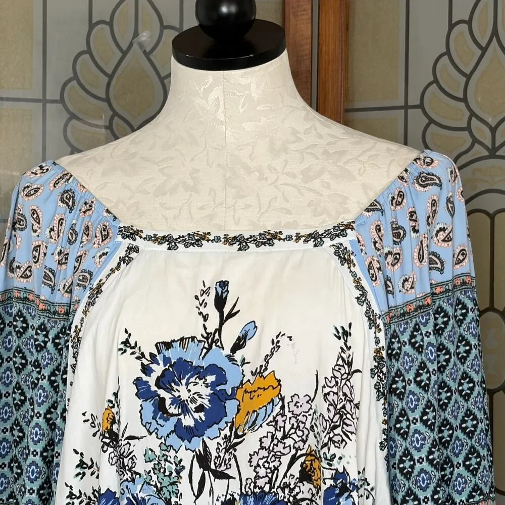 Free People Positano Printed Peasant Top Boho Prairie Cottage Flowy Size M